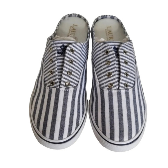 Ralph Lauren Navy Blue White Stripe Nautical Canvas Mules‎ - Picture 1 of 15